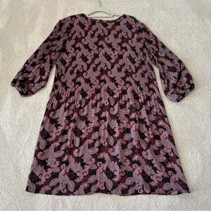 J. Jill Paisley Pleated  3/4 Sleeve Relaxed Black Pink Midi Dress Women Sz XL